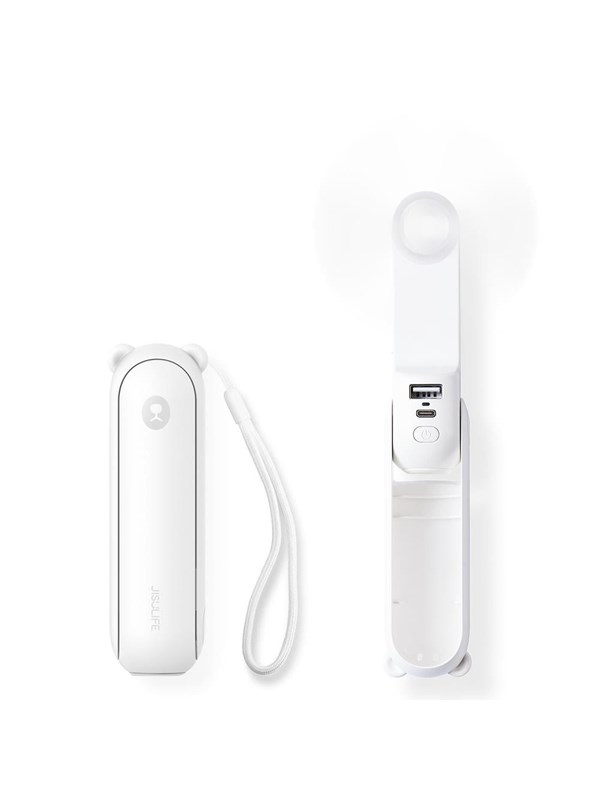 Jisulife Handheld Fan Life8 Mini Portable USB Fan with 2000mAh Power Bank and Flashlight - White PowerBank - Vit - 2000 mAh