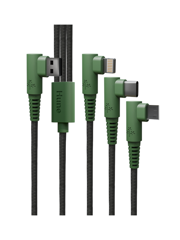 Produktfoto för Hune - Kabel 90° flätad 3-i-1 - 1,2 m skoggrön
