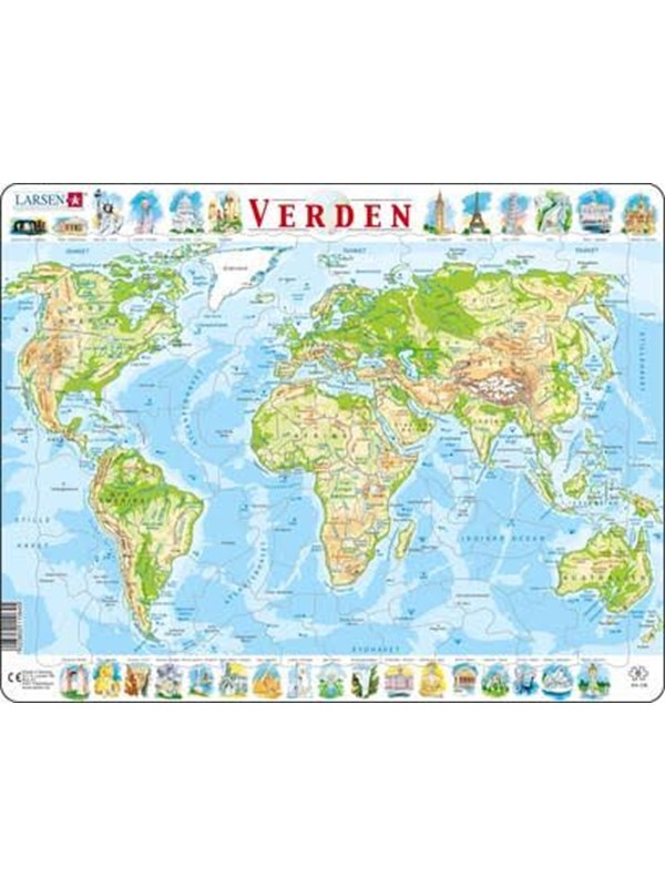 Larsen Puzzles Pussel Världskarta - Fysisk Karta - 80 Bitar Maxi (36,5 × 28,5 cm) 2D Pussel