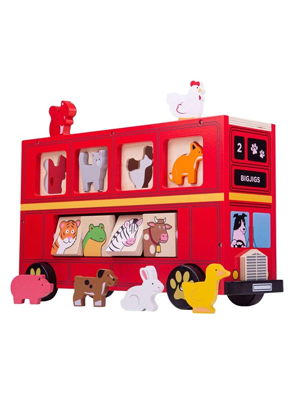 Bigjigs Wooden Shape Sorter Red Animal Bus - 21 pcs.