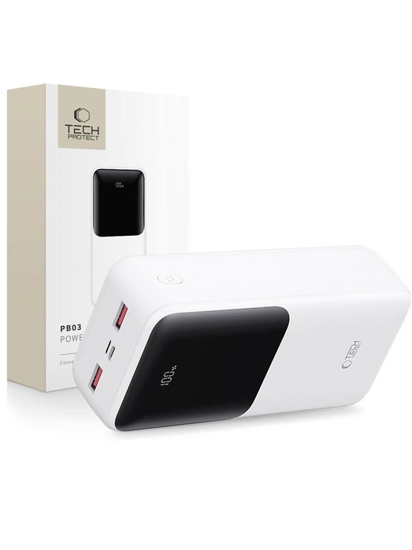 Tech-Protect Powerbank PB03 30000mAh 22.5W - White PowerBank - Vit - 30000 mAh