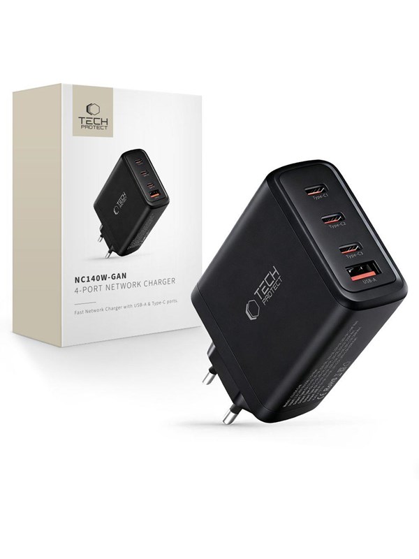 Produktfoto för Tech-Protect 4-Port Snabbladdare 140W QC3.0 NC140W-GAN (Svart)