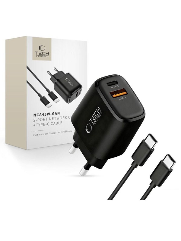 Tech-Protect  NCA45W-GAN 2-Ports 45W AC Charger with USB-C Cable - Black