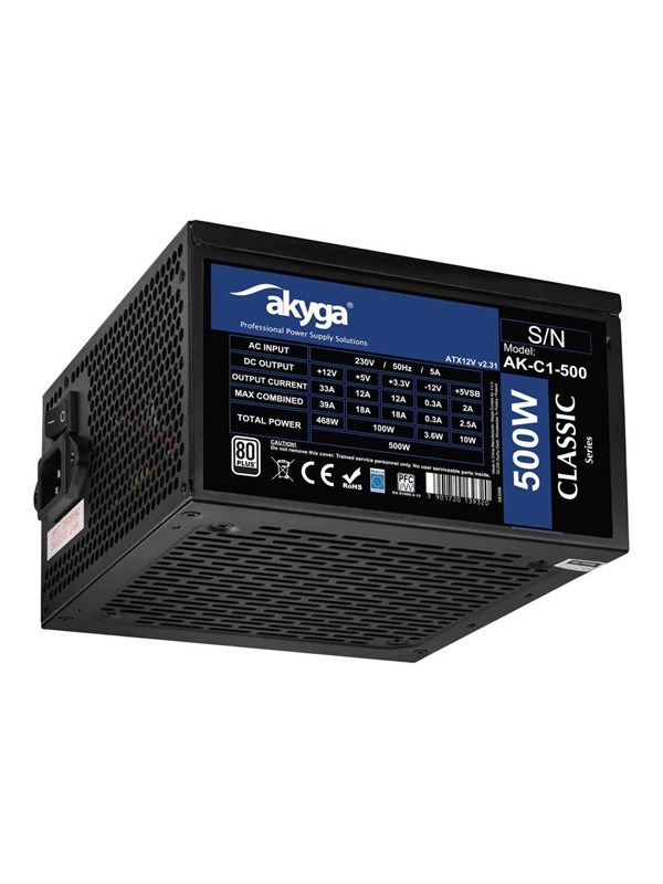 Akyga Classic Series AK-C1-500 - power supply - 500 Wh Strömförsörjning - 500 Watt - 120 mm - ATX 2.31 - 80 Plus White certificate (upp till 80% effektivitet)