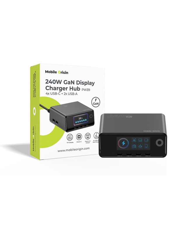 Mobile Origin 240W GaN Display Charger Hub PW39 - 4x USB-C + 2x USB-A - Köp för SEK 839 - Spara 47%