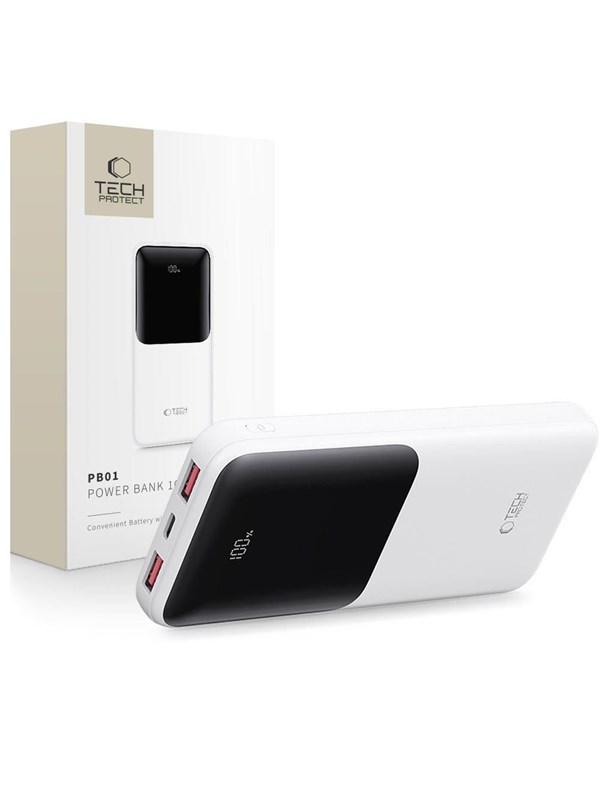 Tech-Protect Powerbank PB01 10000mAh 22.5W - White PowerBank - Vit - 10000 mAh