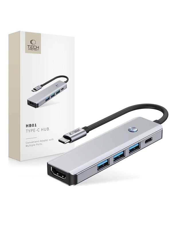 Tech-Protect HB01 HUB Adapter 5in1 USB-C + USB3.0 + HDMI 4K 60Hz + PD100W - Grey USB Hub - USB 3.0 - 5 porte - Grey