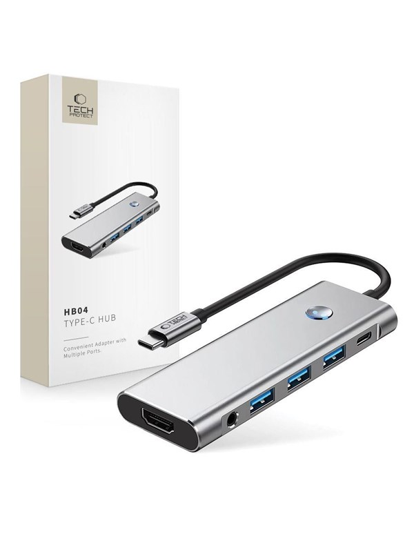 Tech-Protect HB04 HUB Adapter 9in1 USB-C + USB2.0 + USB3.0 + HDMI 4K 60Hz + SD / TF + PD100W + AV3.5 - Grey USB Hub - USB 3.0 - 5 porte - Grey