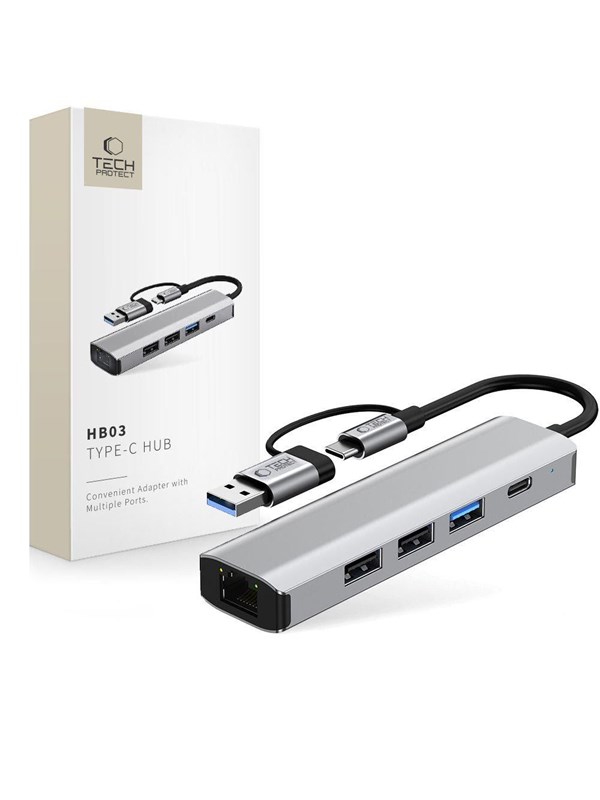 Tech-Protect HB03 HUB Adapter 5in1 USB-C + USB2.0 + USB3.0 + RJ45 - Grey USB Hub - USB 3.0 - 5 porte - Grey