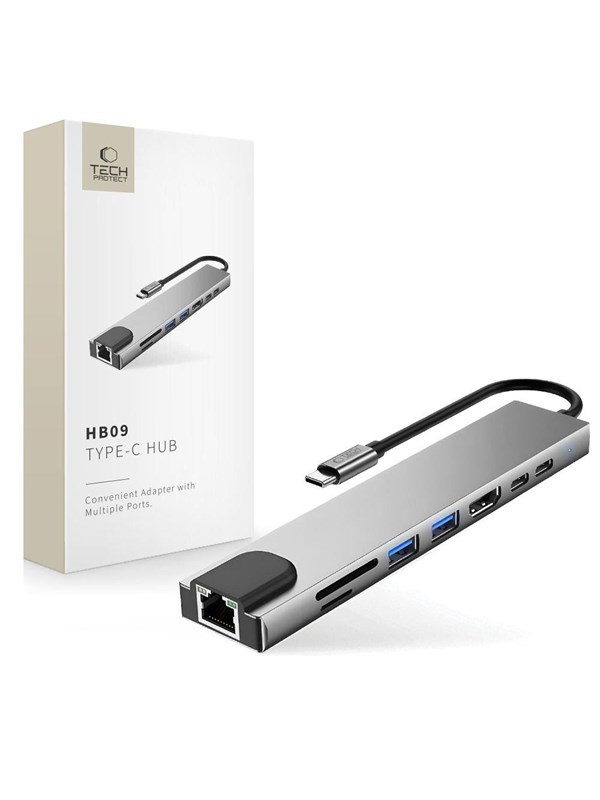 Tech-Protect USB Hub HB09 8in1 TYPE-C + USB-A 3.0 + USB-C 3.0 + HDMI 4K 60HZ + SD/TF + PD100W + RJ45 1000 MB/S - Grey USB Hub - USB 3.0 - 8 porte - Grey