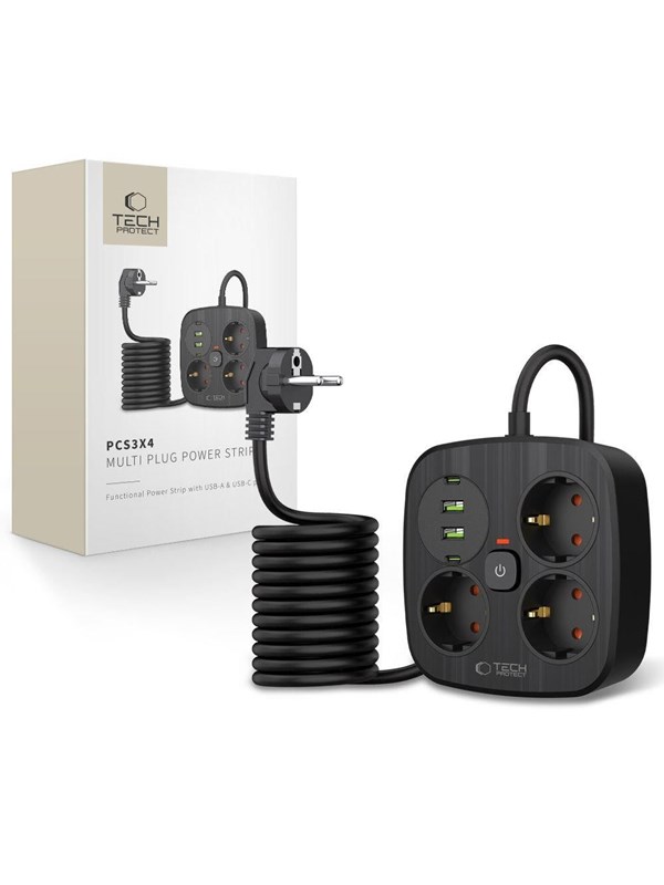 Tech-Protect PCS3X4 Power Strip 3 AC Outlets 2xUSB-A 2xUSB-C 200 cm - Black