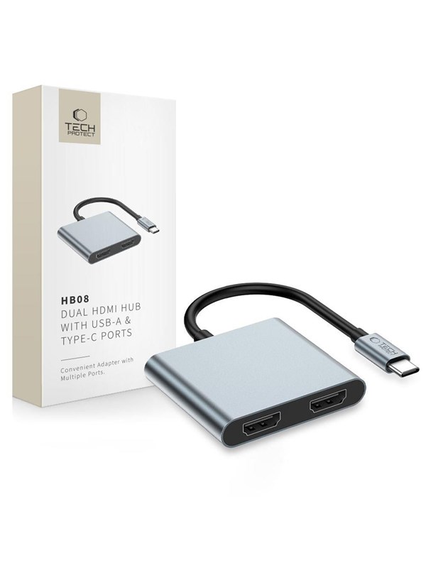 Tech-Protect HB08 4-in-1 USB-C + USB2.0 + 2 x HDMI 4K 60HZ Adapter - Grey USB Hub - USB 2.0 - 2 porte - Grey