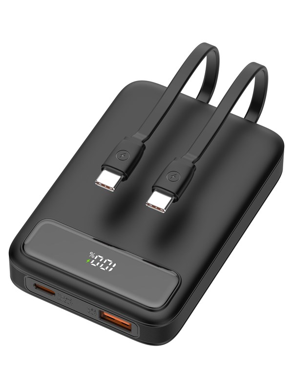 Deltaco PB-CC100 Powerbank  2x USB-C cables built-in  1x USB-A & 1x USB-C Ports  PD  Black - 10000 mAh