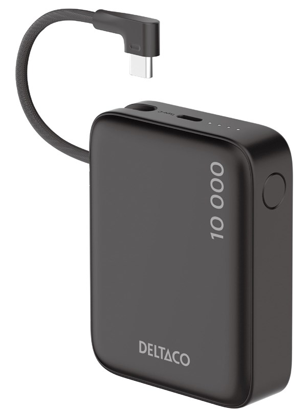 Deltaco PB-CC101 Powerbank  Built-in fabric USB-C cable 20W + 1x USB-C Port  Black - 10000 mAh