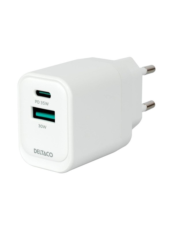 Deltaco USB GaN Wall Charger PD 35W | 1x USB-A | 1x USB-C | PPS + Samsung SFC 25W | White