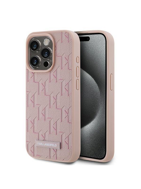 Karl Lagerfeld Leather Monogram Metal Logo case for iPhone 15 Pro Max - pink