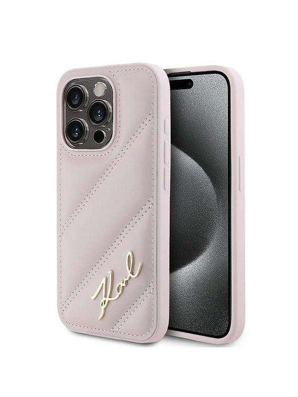 Karl Lagerfeld Diagonal Quilted Script case for iPhone 15 Pro - pink