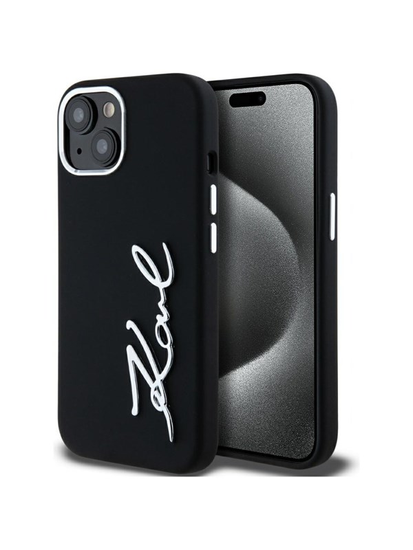 Karl Lagerfeld Silicone Metal Script Logo iPhone 15 Case - Black