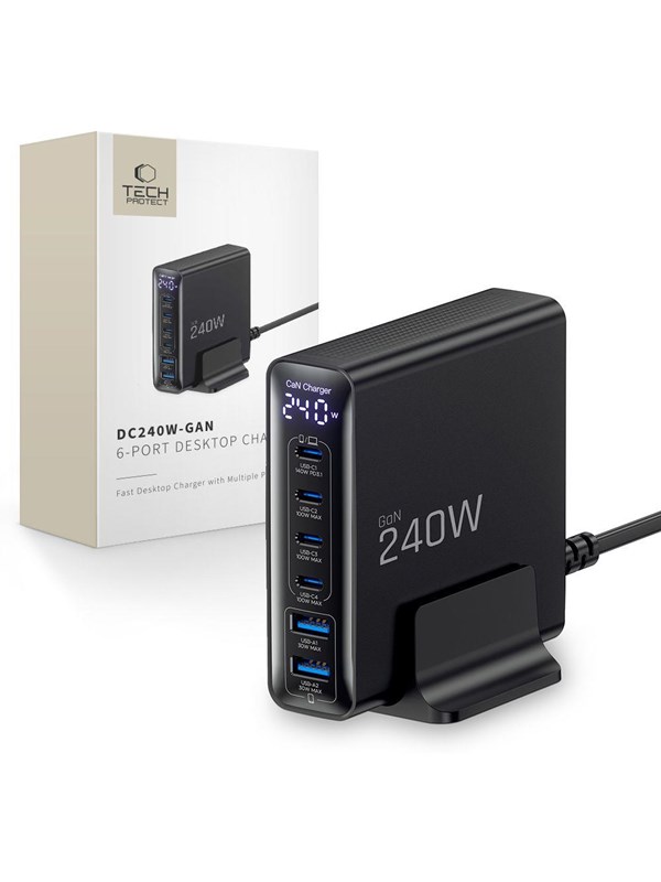 Tech-Protect DC240W-GaN Charging Station 6 Ports 4 x USB-C 2 x USB-A 240W QC3.0 - Black USB Hub - USB 3.0 - 6 porte - Svart