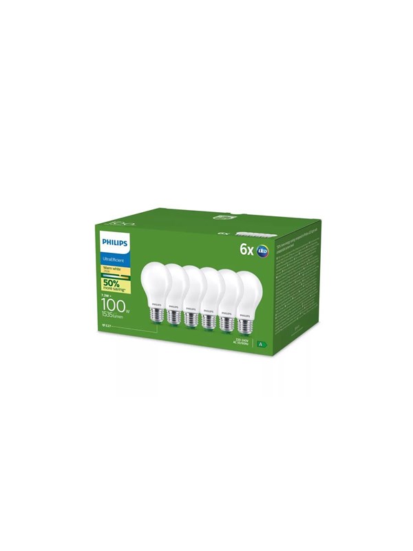 Philips LED-glödlampa Ultra Efficient A60 7.3W/827 (100W) Frosted 6-pack E27