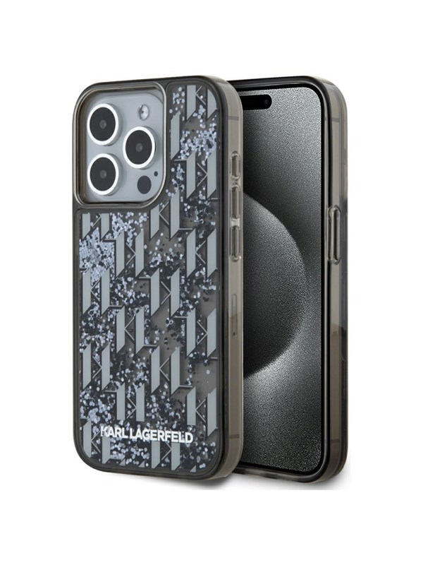 Karl Lagerfeld Liquide Glitter Monogram Gradient iPhone 15 Pro Case - Black