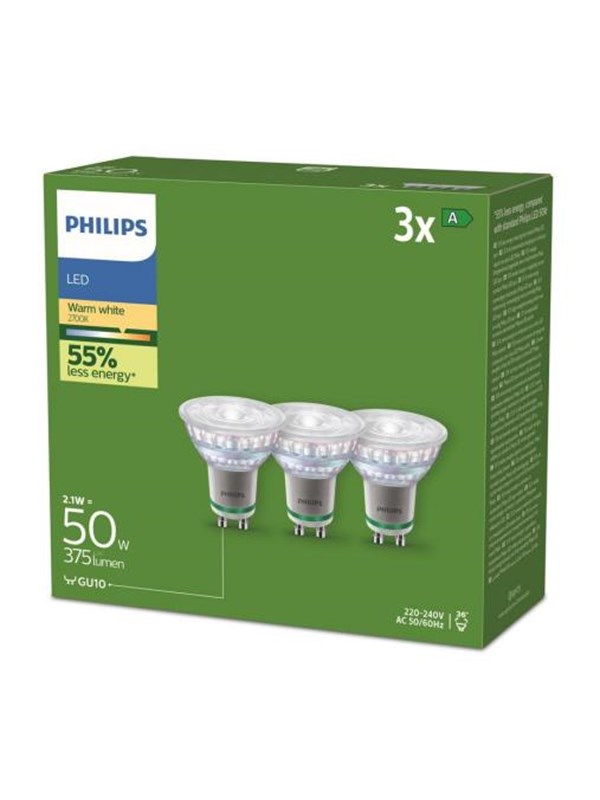 Philips LED-glödlampa Ultra Efficient 2,1W/827 (50W) 36° 3-pack GU10