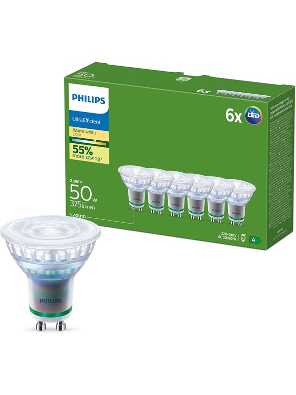 Philips LED-glödlampa Ultra Efficient 2,1W/827 (50W) 36° 6-pack GU10