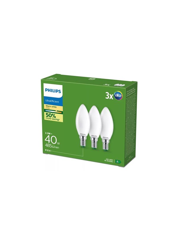 Philips LED-glödlampa Ultra Efficient B35 2,3W/827 (40W) Frosted 3-pack E14