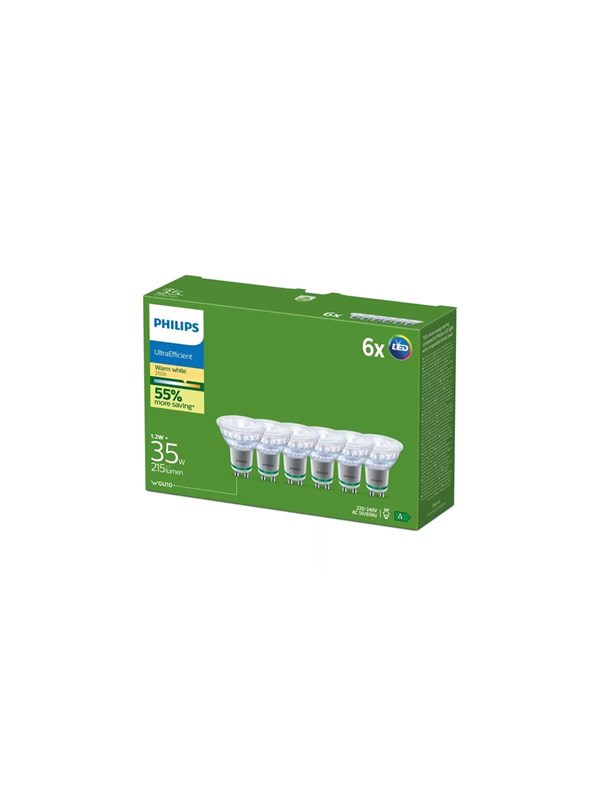 Philips LED-glödlampa Ultra Efficient 1,2W/827 (35W) 36° 6-pack GU10