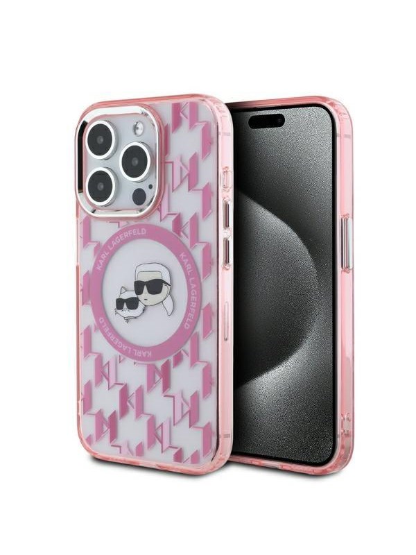 Karl Lagerfeld IML Monogram Karl &amp; Choupette Head MagSafe iPhone 15 Pro Case - Pink