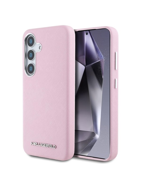 Karl Lagerfeld Saffiano Full Wrapped Elongated Metal Logo MagSafe Case for Samsung Galaxy S25 - Pink