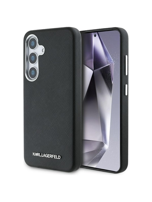 Karl Lagerfeld Saffiano Full Wrapped Elongated Metal Logo MagSafe Case for Samsung Galaxy S25+ - Black
