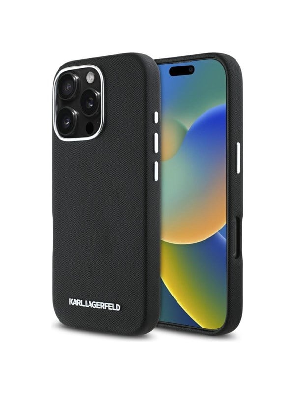 Karl Lagerfeld Saffiano Full Wrapped Elongated Metal Logo MagSafe Case for iPhone 16 Pro Max - Black