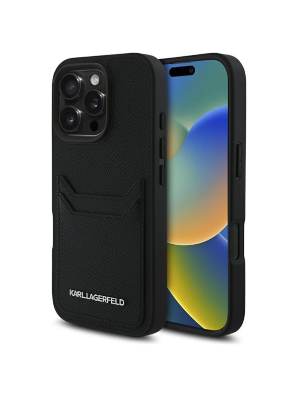 Karl Lagerfeld HC Grained PU Cardslot Metal Elong iPhone 16 Pro Case - Black