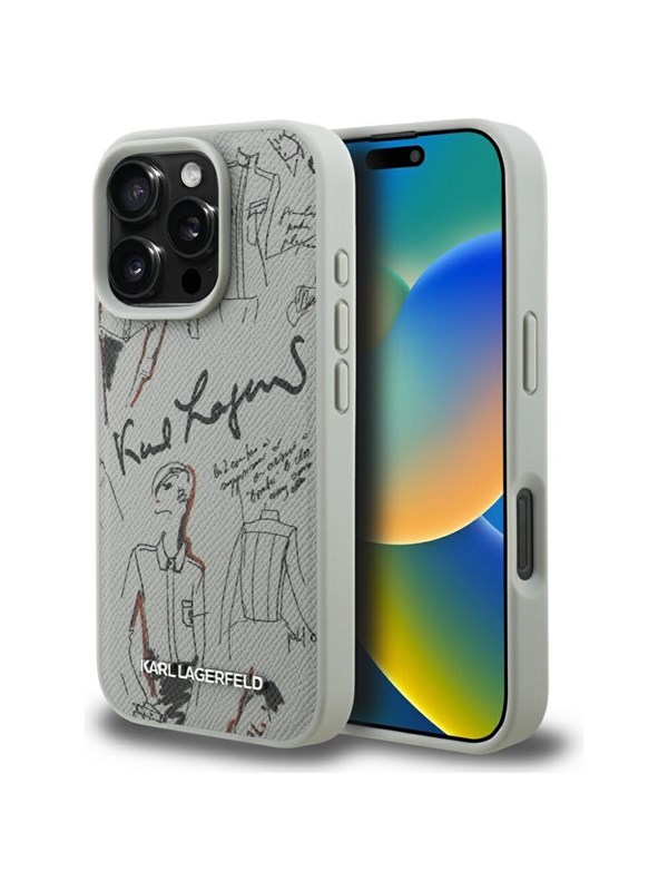Karl Lagerfeld Grained Pattern &amp; Logo MagSafe Case for iPhone 16 Pro - Gray