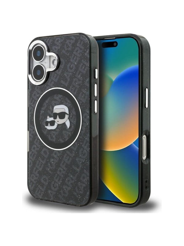 Karl Lagerfeld IML Glitter Karl &amp; Choupette Heads Logo MagSafe Case for iPhone 16 - Black