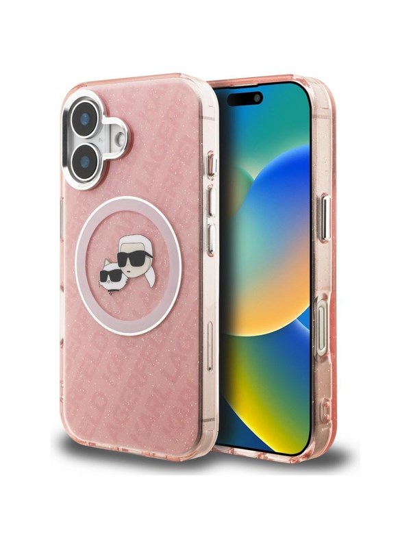 Karl Lagerfeld IML Glitter Karl &amp; Choupette Heads Logo MagSafe iPhone 16 Case - Pink
