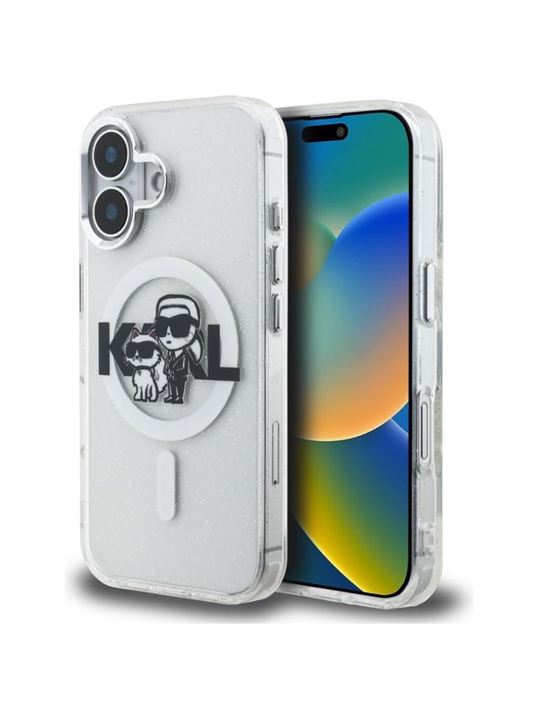 Karl Lagerfeld IML Glitter Karl &amp; Choupette Sketch Logo MagSafe Case for iPhone 16 - Transparent
