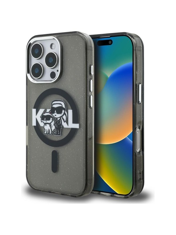 Karl Lagerfeld IML Glitter Karl &amp; Choupette Sketch Logo MagSafe Case for iPhone 16 Pro - Black