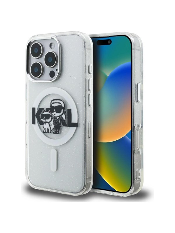 Karl Lagerfeld IML Glitter Karl &amp; Choupette Sketch Logo MagSafe Case for iPhone 16 Pro - Clear