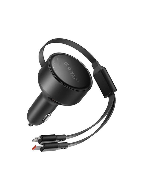 ORICO Dual Stretch 60W USB-C Car Charger with Two Retractable USB-C + Lightning Cables - Black