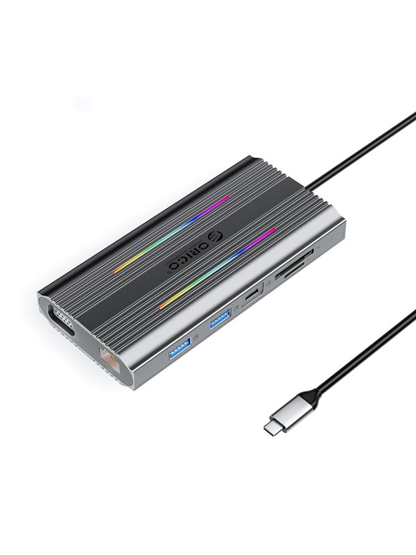 ORICO XCR 12in1 RGB USB-C Docking Station 3x USB-A USB-C PD 100W HDMI 4K VGA RJ45 Gigabit SD and microSD Card Reader - Gray USB Hub - USB 3.1 - 12 porte - Grey