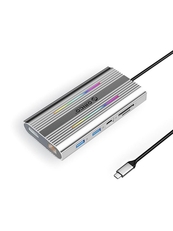 ORICO XDR 12in1 RGB USB-C Docking Station USB-A USB-C 2x HDMI 4K 60 Hz DisplayPort 4K 60 Hz RJ45 Gigabit PD 100W SD and microSD Card Reader - Silver USB Hub - USB 3.1 - 12 porte - Grey
