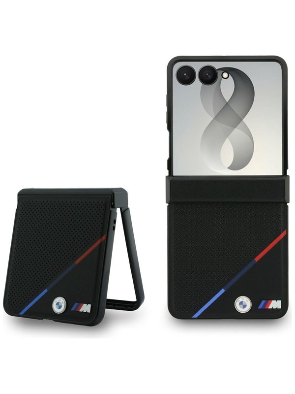 BMW M Leather Perforated Tricolor Stripe Metal Logos MagSafe Case for Samsung Galaxy Z Flip 8 - Black