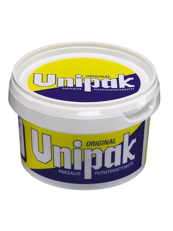Produktfoto för UNIPAK Packningssalva 360 tätar tillsammans med packningsgarn gängade skarvar på installationer för varmvatten och uppvärmning