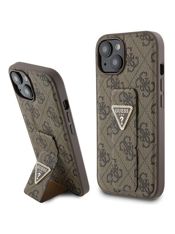 GUESS Grip Stand 4G Triangle Strass case for iPhone 15 - brown