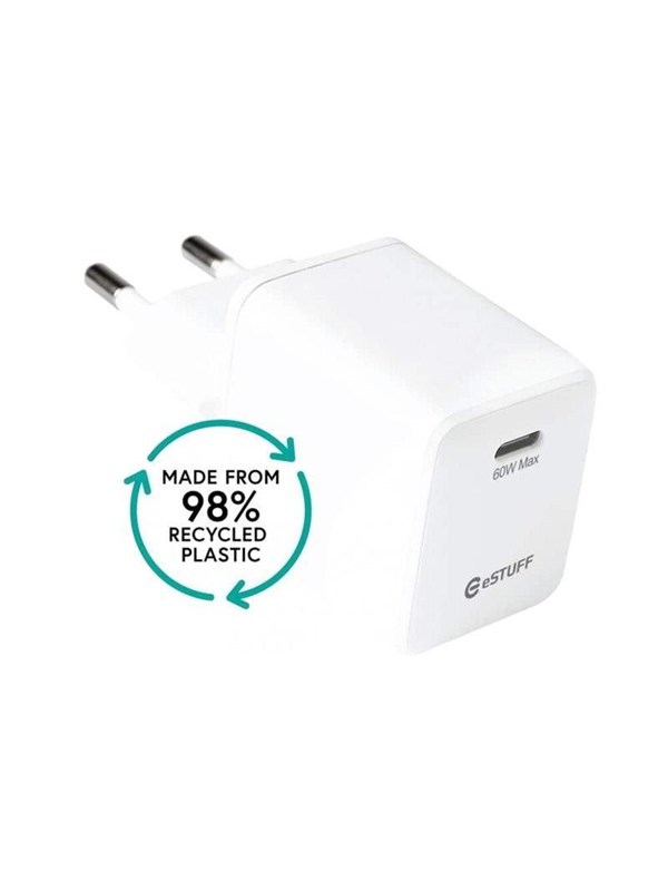 eSTUFF INFINITE power adapter - EU AVS GaN 98% recycled plastic - USB-C 3.1 - 60 watt