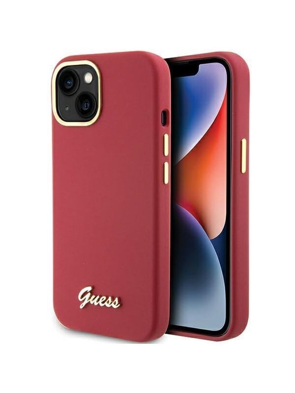 GUESS Silicone Script Metal Logo & Frame case for iPhone 15 - red