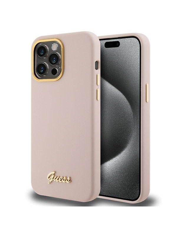 GUESS Silicone Script Metal Logo & Frame case for iPhone 15 Pro Max - pink