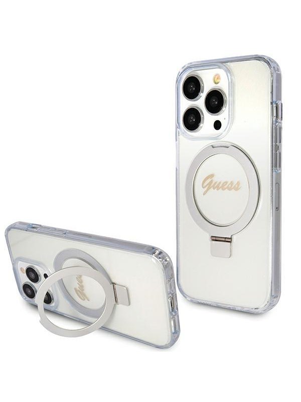 GUESS Ring Stand Script Glitter MagSafe case for iPhone 15 Pro - transparent